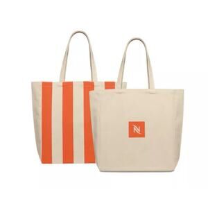 Nespresso Striped Canvas Tote Bag Mandarin Orange Reusable Cotton Shopper NWT